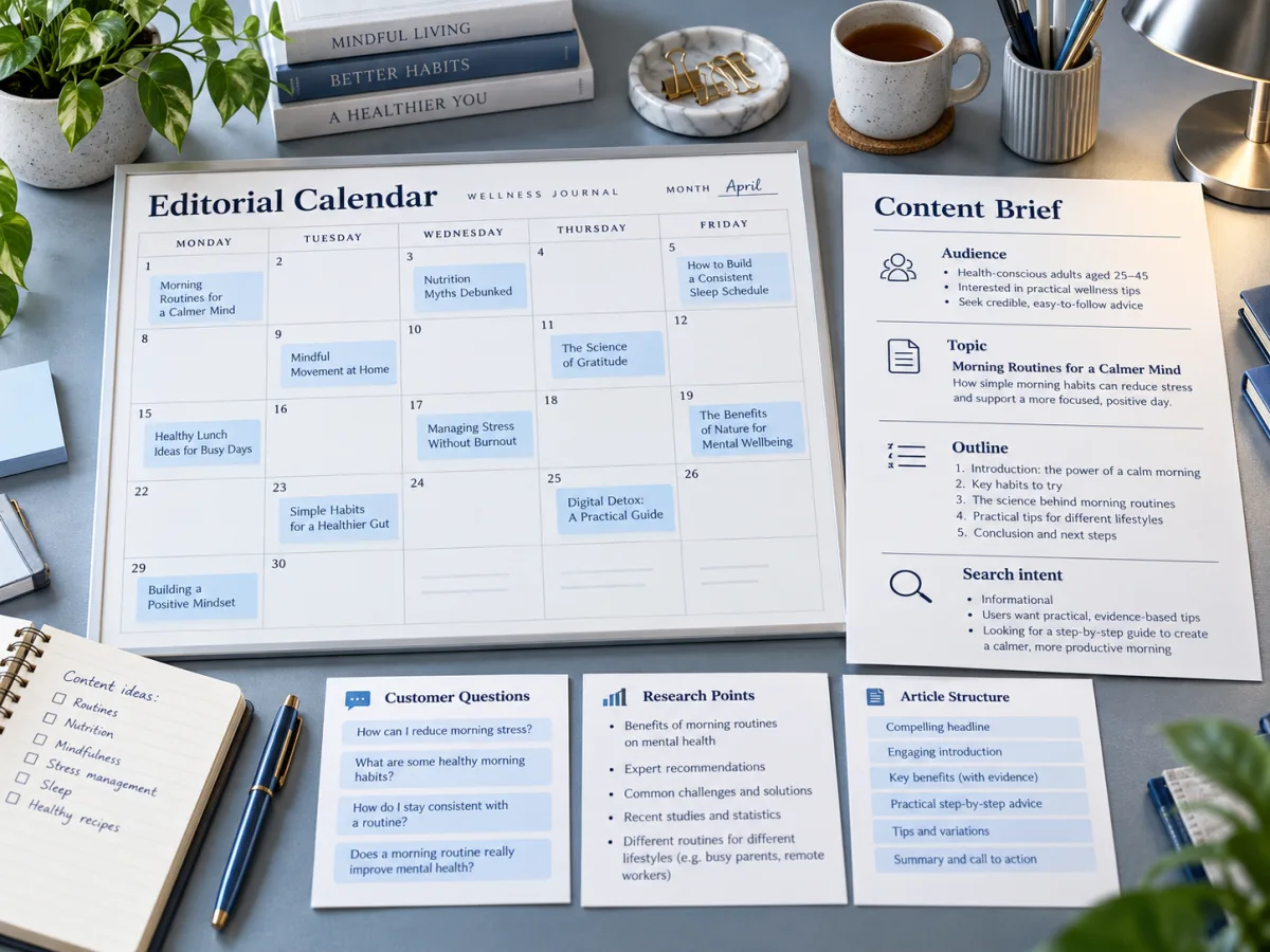 Conceptual editorial calendar, audience research cards and writing brief.