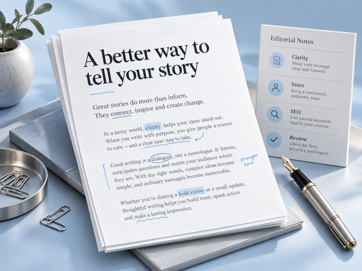 Conceptual content writing and editing illustration with an editorial document, review notes and pen.